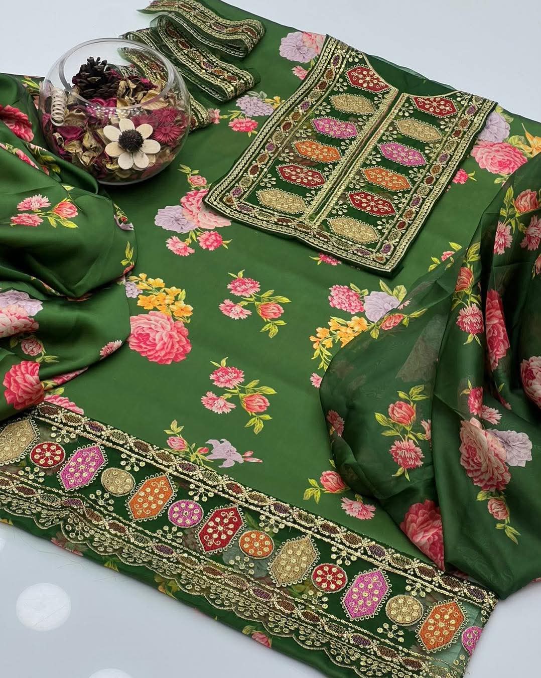 Aneelas 3pc Silk with shafon Duppta Full Embroiderd luxury