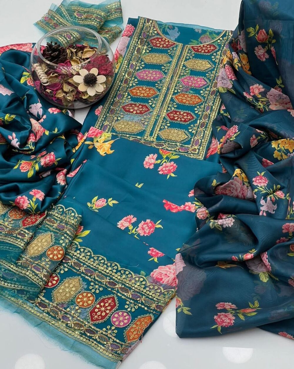 Aneelas 3pc silk with shafon Duppta full Embroiderd