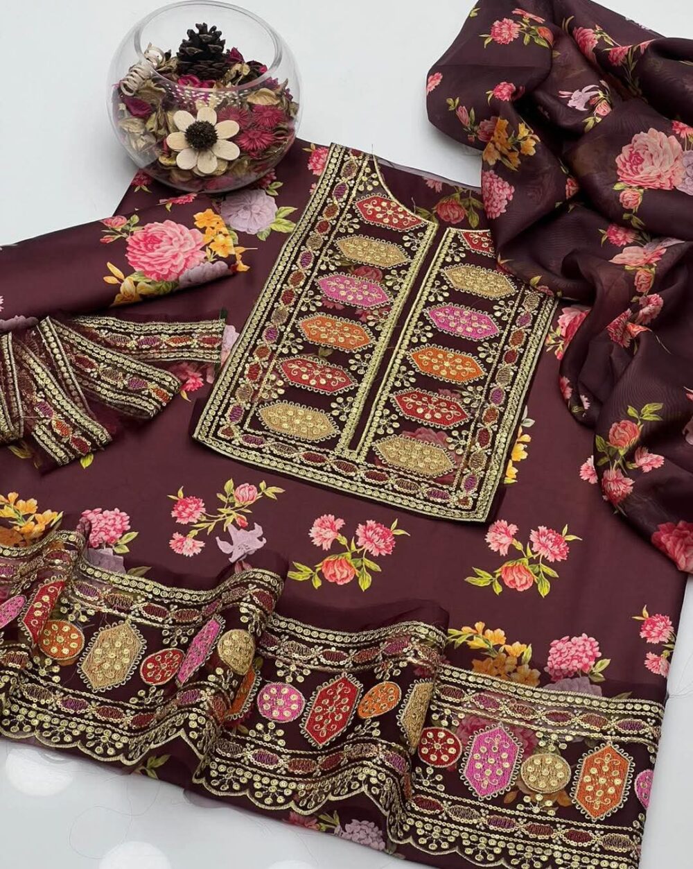 Aneelas 3pc silk with shafon Duppta full Embroiderd