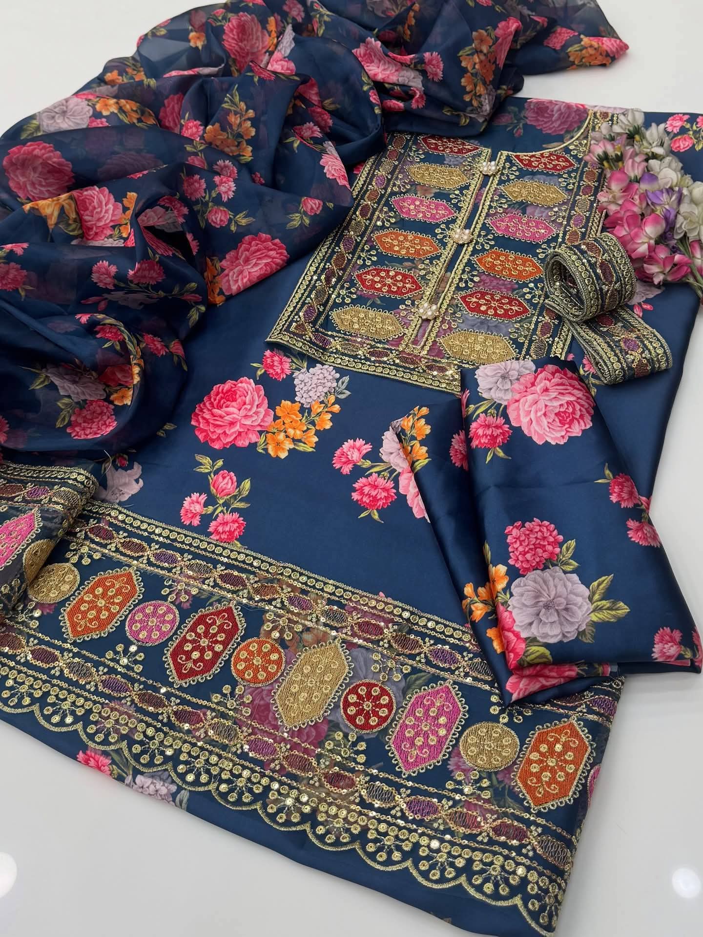 Aneelas 3pc silk with shafon Duppta full Embroiderd