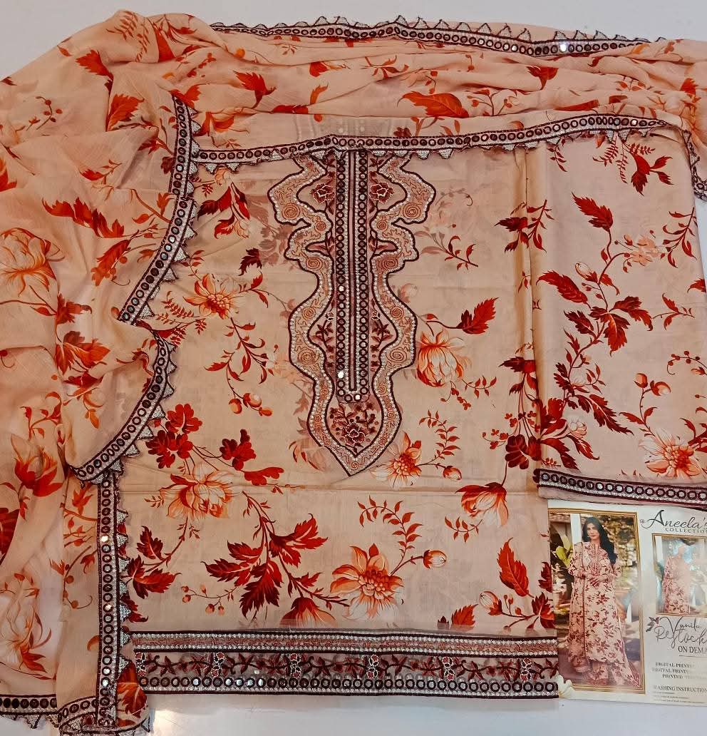 Aneelas 3pc lawn with pure shafon Duptta Embroidered