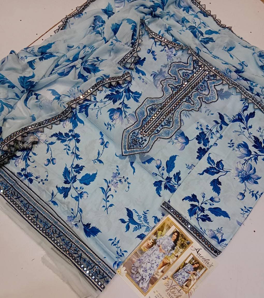 Aneelas 3pc lawn with pure shafon Duptta Embroidered