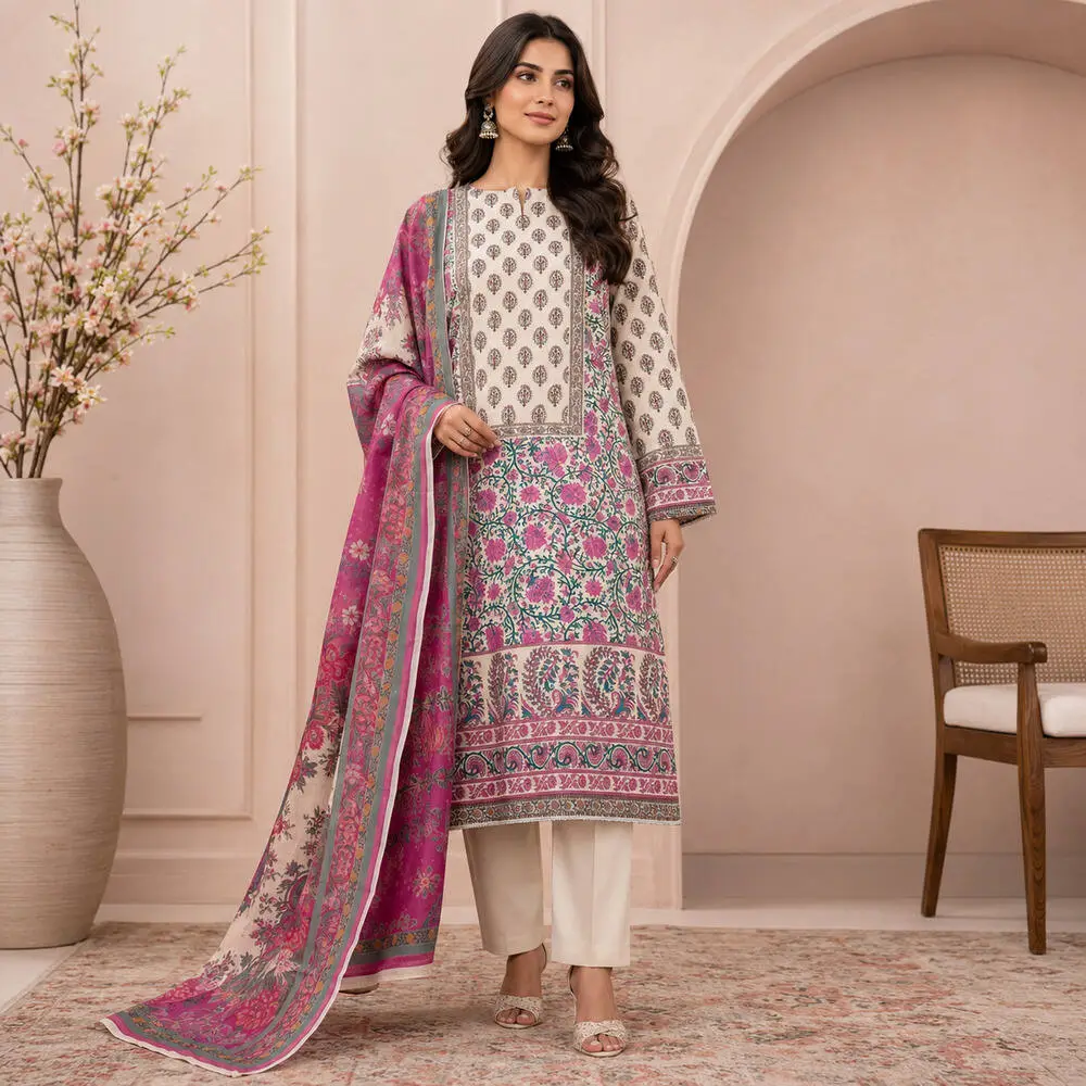 Asim Jofa 3 Piece Unstitched Lawn Suit with Soft Khadi Net Dupatta