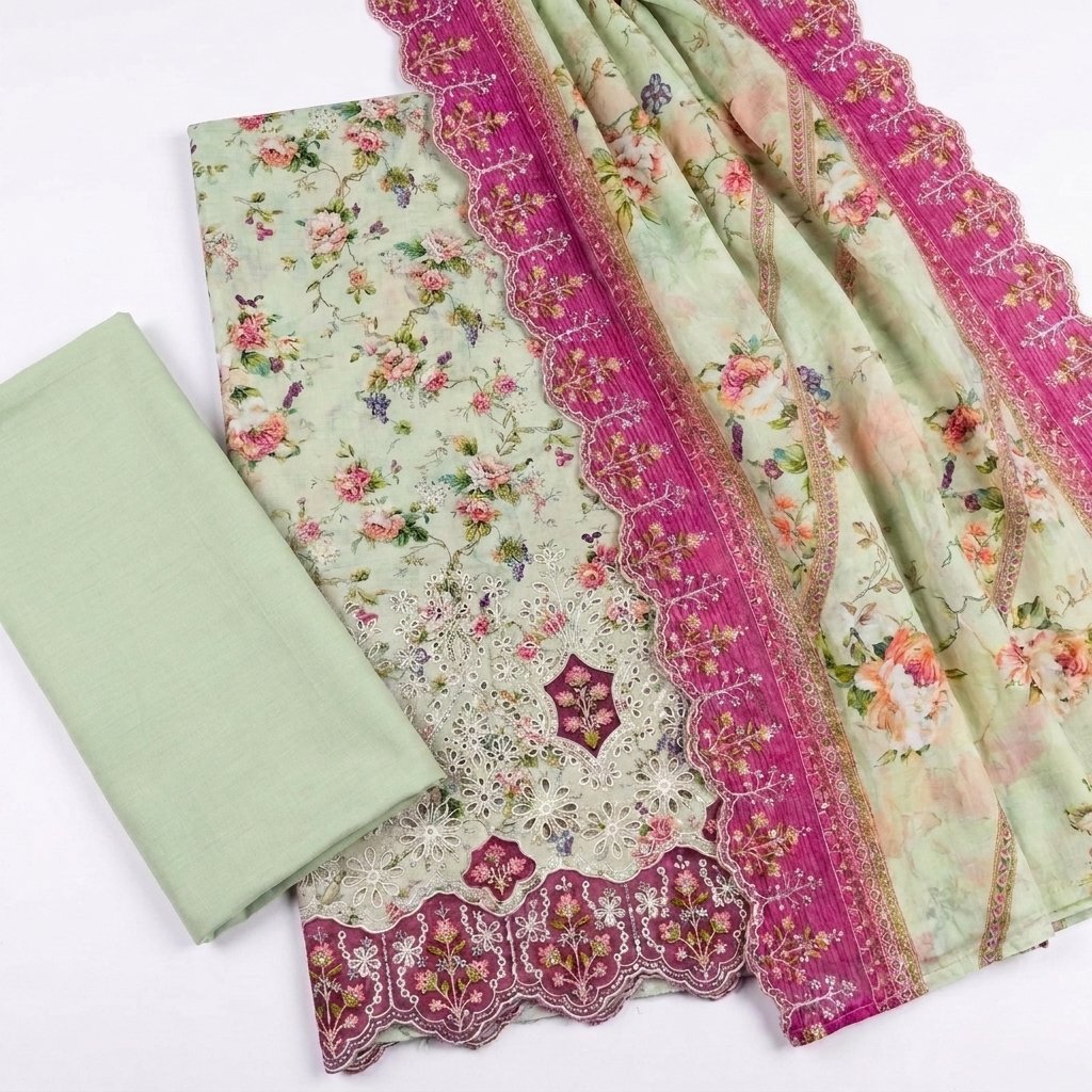 Bin Saeed 3 Piece Unstitched Embroidered Lawn Suit with Cutwork Embroidered Lawn Dupatta Design 7