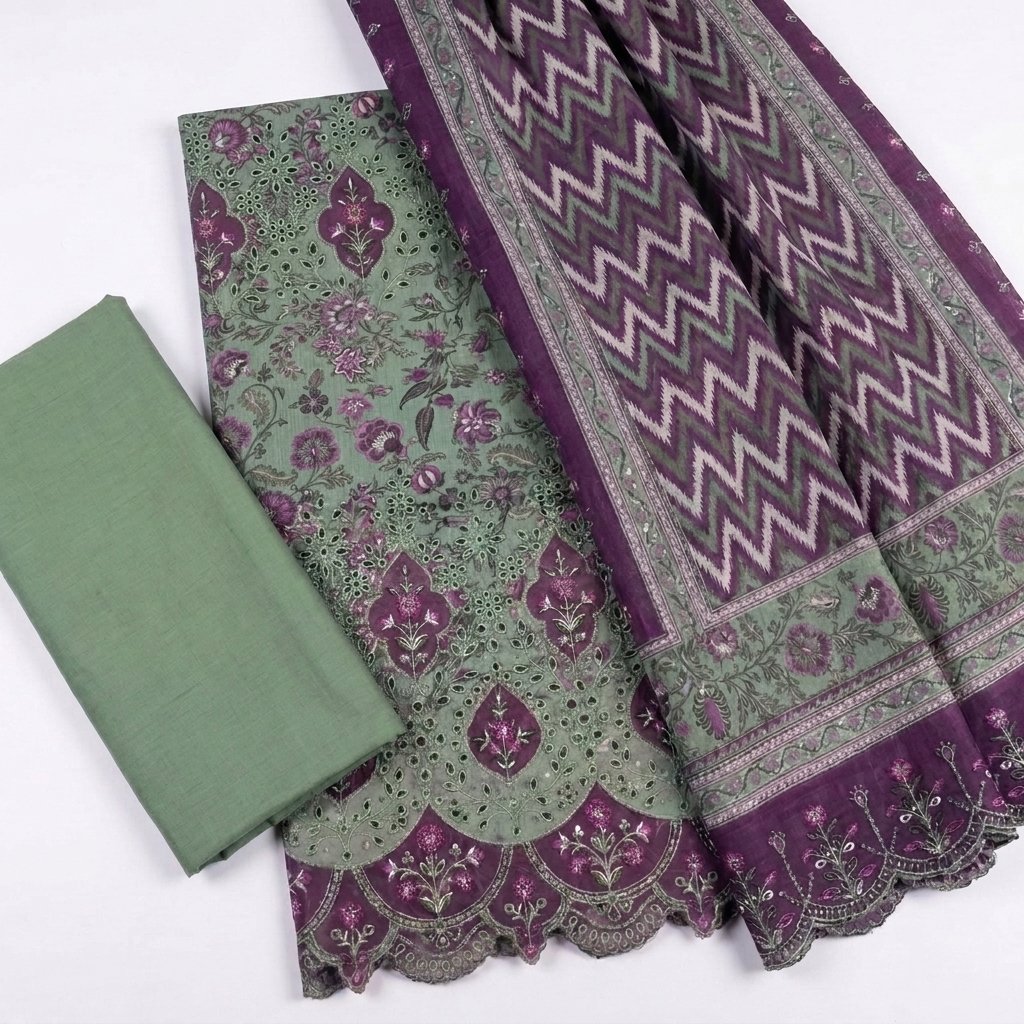 Bin Saeed 3 Piece Unstitched Embroidered Lawn Suit with Cutwork Embroidered Lawn Dupatta Design 8
