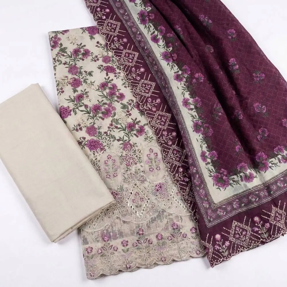 Bin Saeed 3 Piece Unstitched Embroidered Lawn Suit with Cutwork Embroidered Lawn Dupatta Design 5