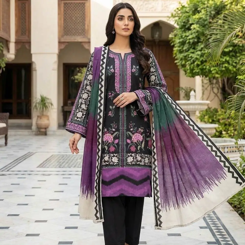 Ethnic 3 Piece Unstitched Lawn Suit with Lawn Dupatta