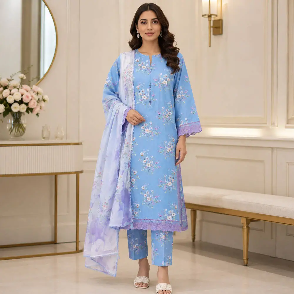 J. 3 Piece Unstitched Embroidered Lawn Suit (Matching Shirt & Trouser) with Pure Chiffon Dupatta