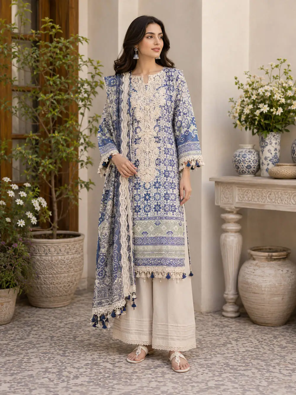 J. 3 Piece Unstitched Embroidered Lawn Suit with Pure Chiffon Dupatta