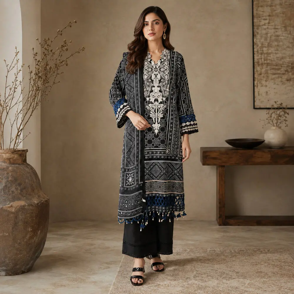 J. 3 Piece Unstitched Embroidered Lawn Suit with Pure Chiffon Dupatta