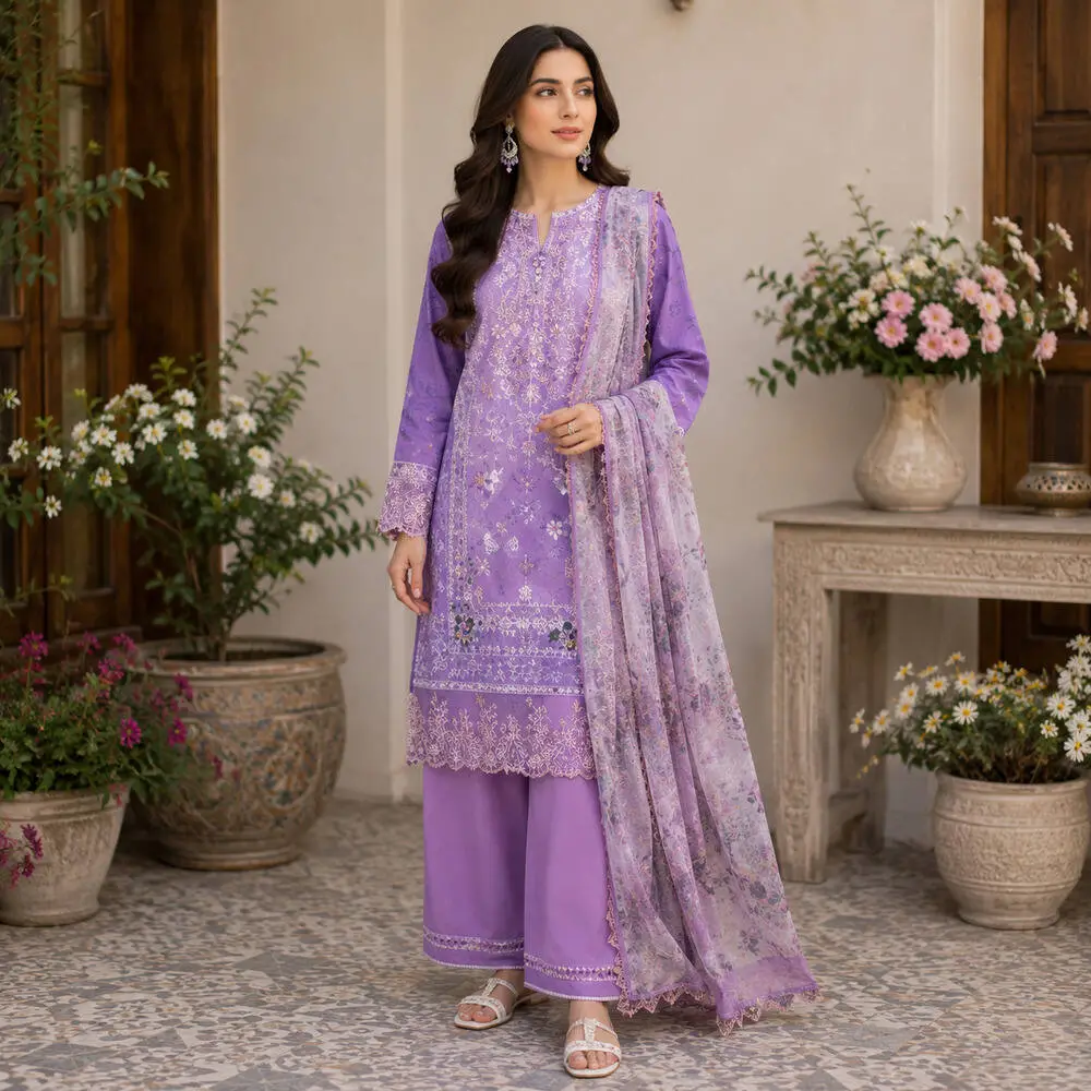 J. 3 Piece Unstitched Lawn Suit with Pure Chiffon Dupatta