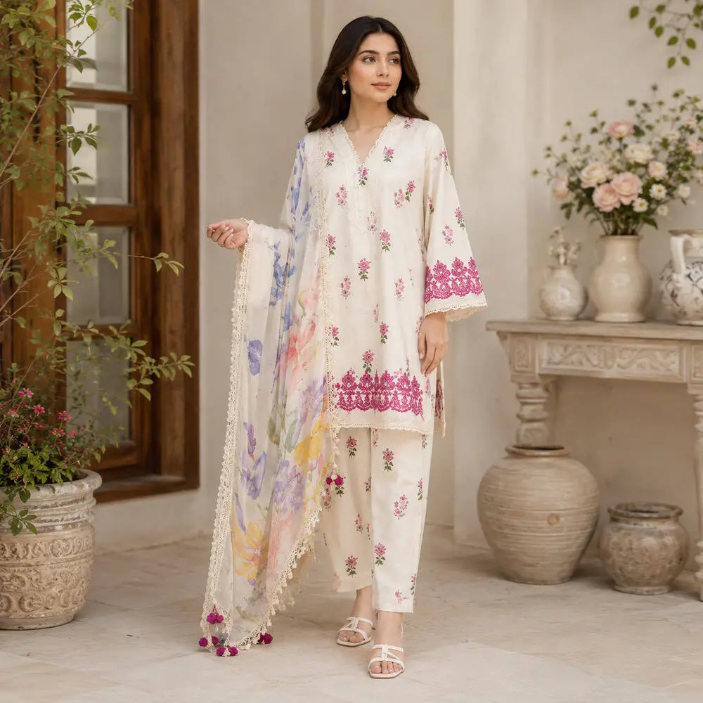 J. 3 Piece Unstitched Printed Lawn Suit (Matching Shirt & Trouser) with Pure Chiffon Dupatta