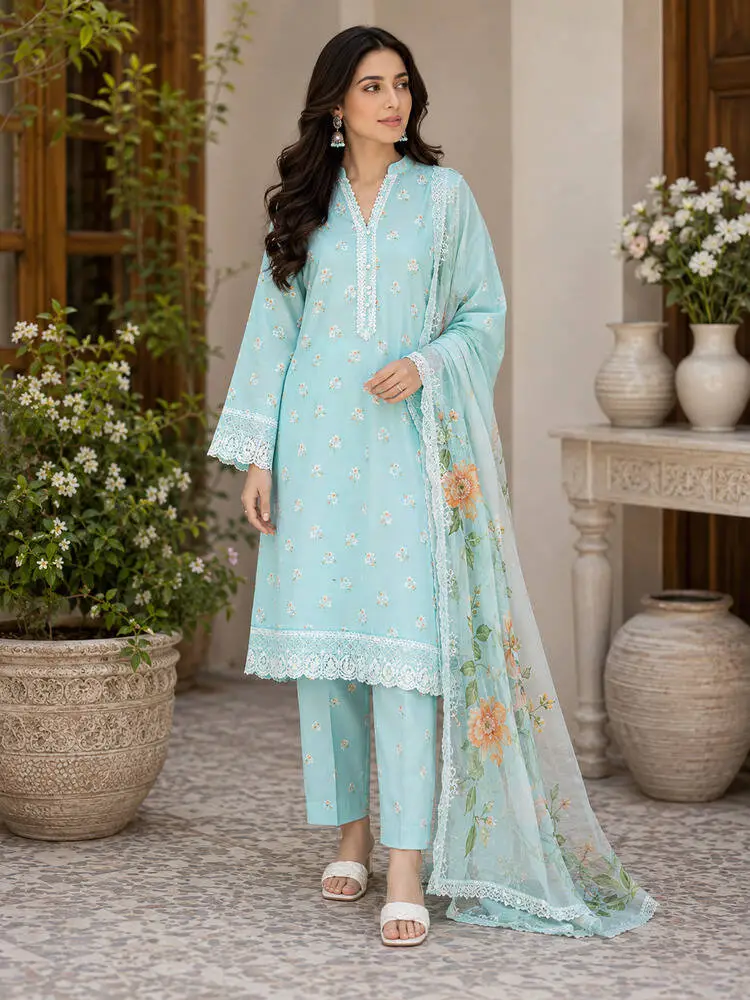 J. 3 Piece Unstitched Printed Lawn Suit (Matching Shirt & Trouser) with Pure Chiffon Dupatta