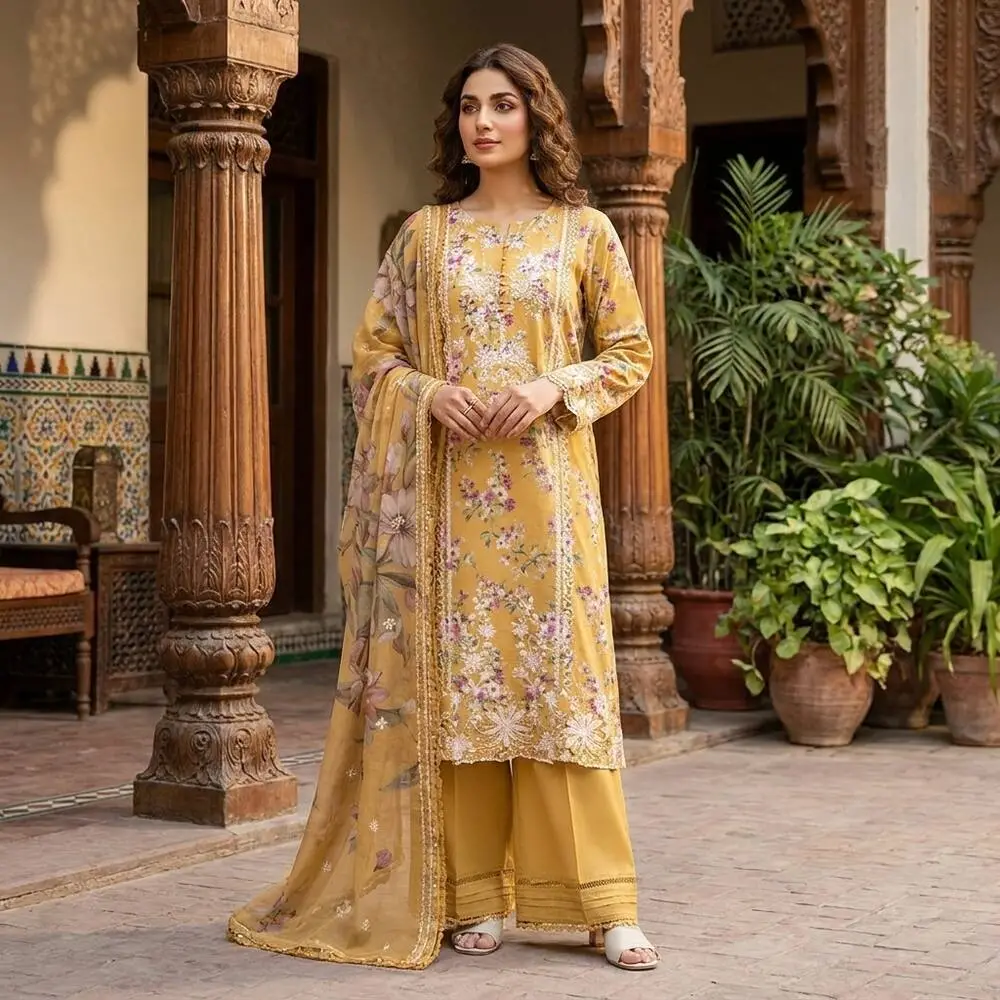 J. 3 Piece Unstitched Printed Lawn Suit with Chiffon Dupatta