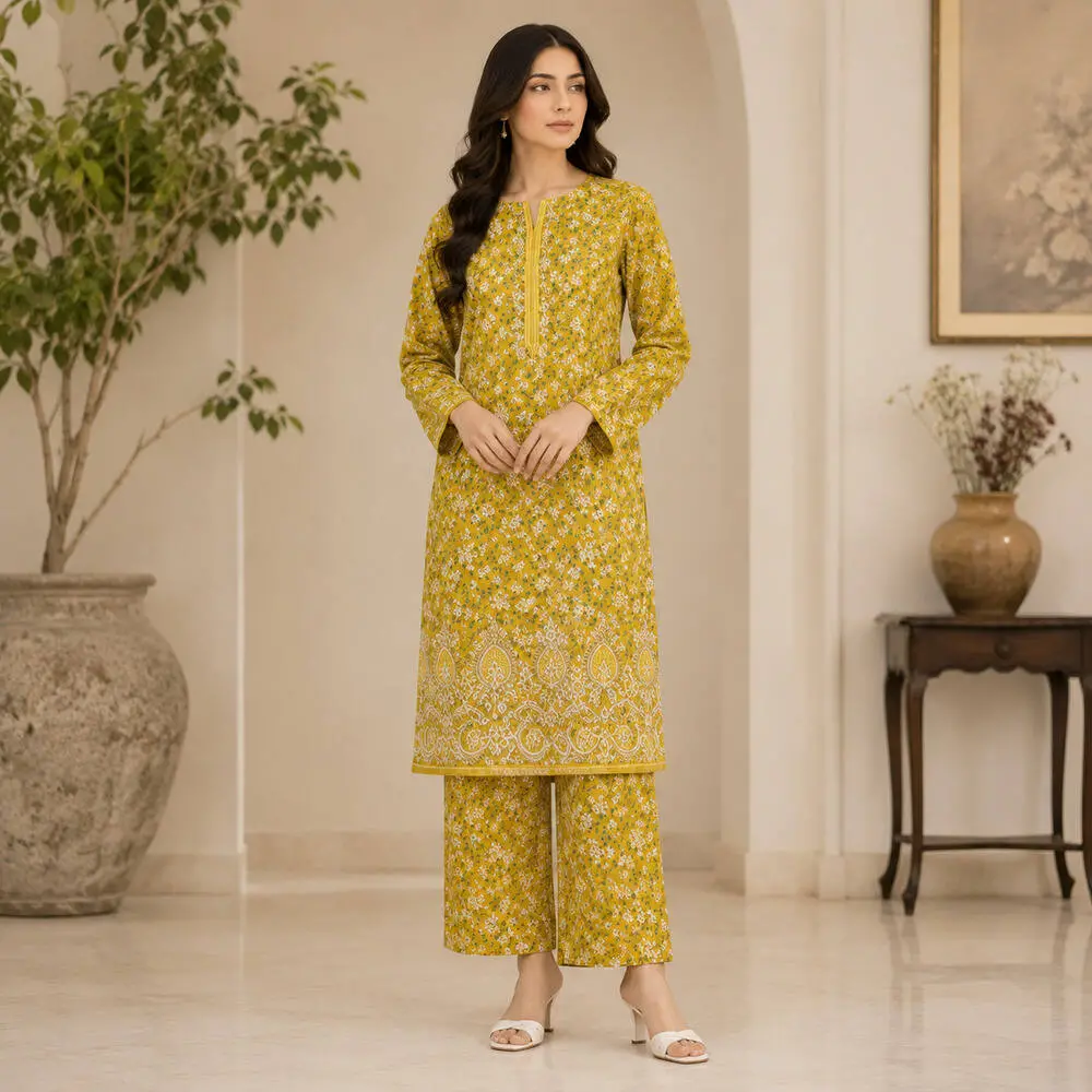 Khaadi 2 Piece Unstitched Printed Lawn Suit (Same Shirt & Trouser) with 2 Embroidered Patches
