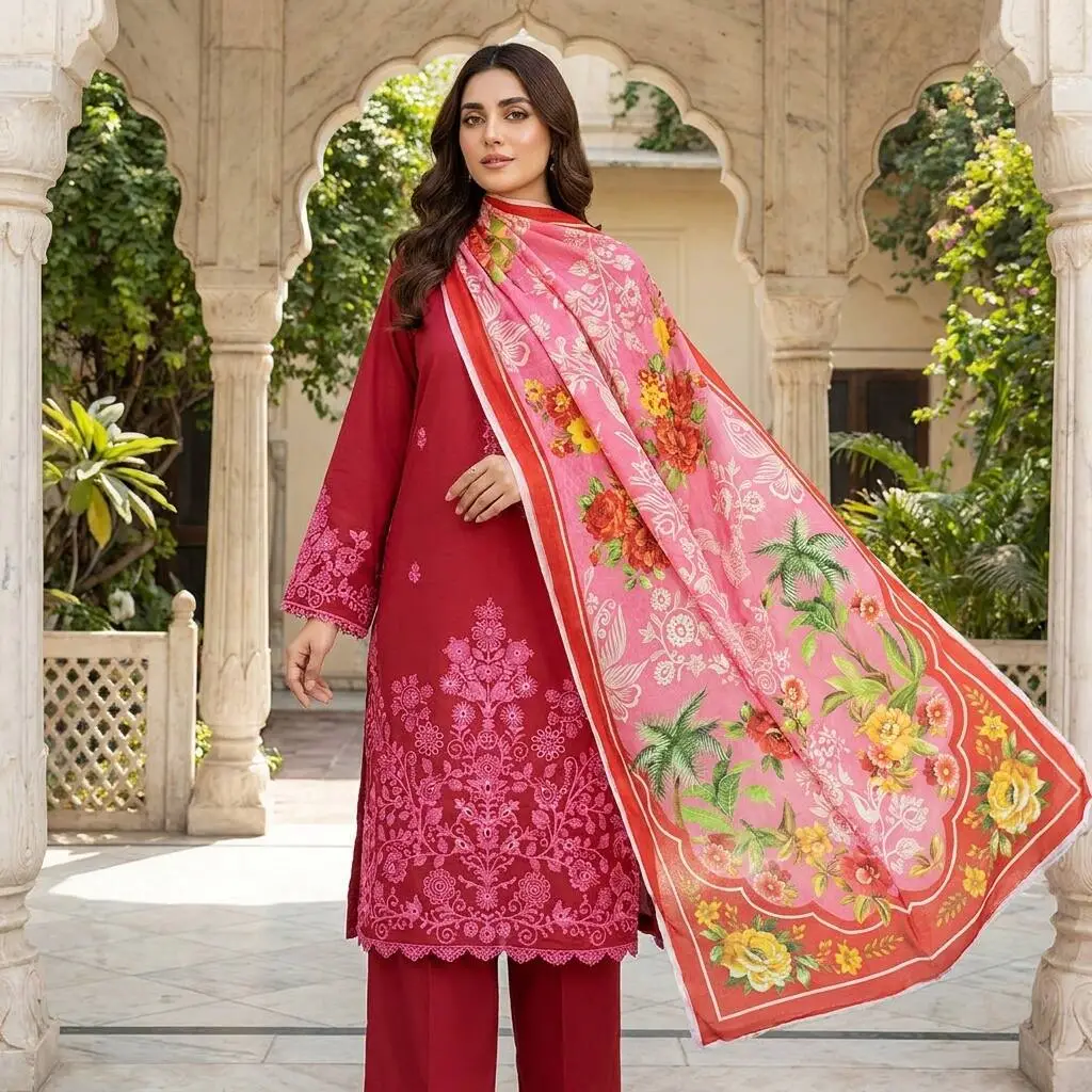 Khaadi 3 Piece Unstitched Luxury Self-Jacquard Lawn Suit with Embroidered Daman, Sleeves & Khadi Net Dupatta