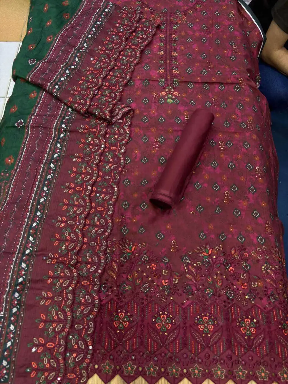 Bin Saeed 3 Piece Unstitched Embroidered Lawn Suit with Cutwork Embroidered Lawn Dupatta Design 3