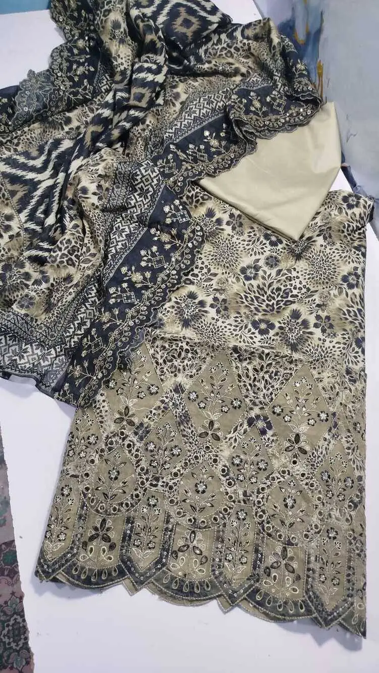Bin Saeed 3 Piece Unstitched Embroidered Lawn Suit with Cutwork Embroidered Lawn Dupatta Design 4